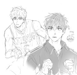  1boy basketball_jersey basketball_uniform blush brown_eyes brown_hair chibi chibi_inset garbage_time grey_jacket greyscale highres jacket ki_sangho korean_text male_focus mole mole_under_eye monochrome multiple_views number_print parted_lips short_hair simple_background sketch sparkle sportswear sweat sweatdrop tank_top teeth track_jacket translation_request ununtied very_sweaty white_background white_tank_top wide-eyed 