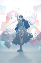  1girl ageseine akechi_anna arm_up blue_hair blue_shirt braid bug butterfly butterfly_hair_ornament clenched_teeth commentary_request dress dress_under_shirt full_body grey_dress hair_intakes hair_ornament haruqing highres howa_kurea jett_(precure) kobayashi_mikuru light_particles long_hair makoto_jewel mashu-tan meitantei_precure! moria_luluka nijee precure shirt side_slit single_braided_sidelock standing teeth usonoir very_long_hair yellow_eyes 