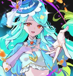  1girl 4t_1st :d aqua_capelet blue_hat blue_nails breasts bridal_gauntlets bug butterfly butterfly_hat_ornament capelet commentary_request cure_eclair hat hat_ornament highres howa_kurea impossible_hair long_hair looking_at_viewer magical_girl meitantei_precure! midriff open_mouth orange_eyes precure small_breasts smile 