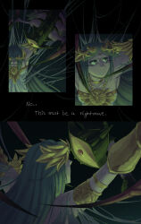  1girl 1other absurdres armlet arms_bound_apart black_background bound chain chaos_kin circlet colored_sclera english_commentary english_text gold_chain green_eyes green_hair highres jewelry kid_icarus kid_icarus_uprising looking_at_another lunarjaguar one-eyed palutena silk spider_web veins yellow_sclera 