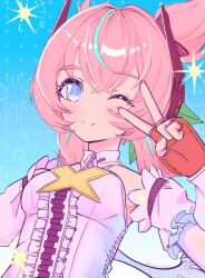  +_+ angels_of_delusion aqua_streaks aria_(human)_(zenless_zone_zero) aria_(zenless_zone_zero) arm_warmers armpits blue_background blue_eyes bow commentary_request corset detached_sleeves gloves gradient_background hair_bow headphones highres multicolored_hair one_eye_closed pink_arm_warmers pink_gloves pink_hair quad_tails ratemo sparkle streaked_hair v white_corset white_wings wings zenless_zone_zero 