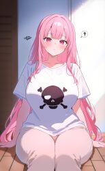   1girl ? absurdres blush breasts closed_mouth collarbone commentary english_commentary highres hololive hololive_english huge_breasts indoors long_hair looking_at_viewer mori_calliope o-rindou5100 pants pink_eyes pink_hair pink_pants shirt short_sleeves sitting skull_print solo spoken_question_mark thighs virtual_youtuber white_shirt