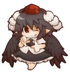  :q barefoot black_hair chibi finger_frame gurageida hat highres pointy_ears red_eyes shameimaru_aya simple_background solo tokin_hat tongue touhou wings wink 