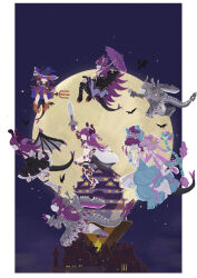 absurdres armor bat_(animal) bikini_armor bird black_skirt blue_dress blue_eyes boots breasts broom cape castle chibi closed_eyes csejte_pyramid_himeji_castle curled_horns detached_sleeves dragon_girl dragon_horns dragon_tail dragon_wings dress eliza_the_nine-tattooed_dragon_(fate) elizabeth_bathory_(brave)_(fate) elizabeth_bathory_(cinderella)_(fate) elizabeth_bathory_(fate) elizabeth_bathory_(halloween_caster)_(fate) elizabeth_bathory_(japan)_(fate) everyone fate/grand_order fate_(series) flying frills full_body full_moon gloves hair_ornament hair_ribbon hat highres holding holding_umbrella holding_wand holding_weapon horns long_hair mecha_eli-chan_(fate) mecha_eli-chan_mk.ii_(fate) moon multiple_girls night open_mouth pink_hair pointy_ears purple_hair ribbon shirofox66 skirt sky smile sword tail thigh-highs umbrella very_long_hair wand weapon wings witch_hat 