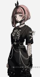  1girl arm_warmers belt black_arm_warmers black_belt black_hairband black_mask black_pants black_shirt blunt_bangs brown_hair chain commentary criis-chan danganronpa_(series) ear_piercing eyelashes fishnets hair_intakes hairband kiomi_(criis-chan) mask mouth_mask mouth_mask_under_chin multicolored_hair multiple_belts open_mouth original pants piercing pink_ahir shirt short_hair short_sleeves simple_background solo suspenders teeth twitter_username two-tone_hair upper_teeth_only white_background 