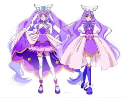  2girls absurdly_long_hair blue_eyes boots bow choker closed_mouth cure_majesty cure_noble dress drill_hair drill_sidelocks elbow_gloves ellee-chan footwear_bow frilled_sleeves frills full_body gloves grin hair_ornament hairband highres hirogaru_sky!_precure holding_own_dress index_finger_raised juliet_sleeves long_hair long_sleeves magical_girl multiple_girls pink_hairband precure princess_ellerein puffy_sleeves purple_boots purple_dress purple_hair purple_shoes shirako_love shoes sidelocks simple_background smile standing thigh-highs two_side_up very_long_hair white_background white_bow white_gloves white_thighhighs wing_hair_ornament yellow_choker 