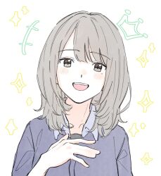  +++ 1girl :d animification black_hair blue_shirt collarbone collared_shirt commentary_request drawn_crown hanamiya_nina highres looking_at_viewer mole mole_under_eye open_mouth porari real_life shirt simple_background smile solo sparkle teeth upper_teeth_only voice_actor white_background 