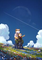  2boys absurdres animal_ears blue_sky brown_fur clouds cloudy_sky contrail fangs father_and_child father_and_son field flower flower_field fox_boy fox_ears fox_mccloud furry furry_male highres james_mccloud looking_up male_focus multiple_boys open_mouth parent_and_child poteto_(potetosarada123) sitting sitting_on_lap sitting_on_person sky smile star_fox star_fox_(2026) 