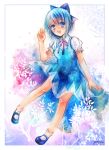  :d blue_eyes blue_hair bow cirno dress floating footwear hair_bow hands knees leaf legs mary_janes no_nose open_mouth pony_(artist) shoes short_hair short_sleeves signature smile socks solo touhou 