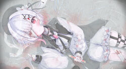  1girl bandage_over_one_eye bandaged_arm bandaged_hand bandaged_neck bandages belt beret black_choker black_coat black_hat blood blood_on_face blood_on_hand center_frills choker closed_mouth coat collared_coat commentary_request cowboy_shot flower flower-trimmed_shorts flower-trimmed_sleeves frills gradient_hair hair_flower hair_ornament hat hat_flower hat_ribbon highres holding holding_pen long_sleeves looking_at_viewer mahou_shoujo_no_majo_saiban male_focus multicolored_hair neck_ribbon o-ring o-ring_thigh_strap one_eye_covered pants pen pink_eyes pink_hair puffy_sleeves retang_8 ribbon sakuraba_ema shirt short_hair shorts sideways skeletal_wings sleeveless sleeveless_coat smile solo spoilers thigh_strap white_flower white_hair white_pants white_ribbon white_shirt white_shorts white_sleeves wings witch_(manosaba) x_hair_ornament 