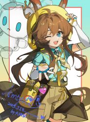  1girl :d ;d ahoge amiya_(arknights) amiya_(wilderness_moments)_(arknights) animal_ear_fluff animal_ears arknights arm_up arm_warmers artist_name blue_eyes blue_shirt border brown_hair brown_shorts camera character_name chinese_commentary commentary_request cowboy_shot da_nao_shu dated ears_through_headwear hair_between_eyes hat highres jewelry long_hair looking_at_viewer making-of_available multiple_rings neckerchief official_alternate_costume one_eye_closed open_mouth outside_border ring ring_on_every_finger shirt short_sleeves shorts smile solo standing teeth upper_teeth_only white_arm_warmers white_neckerchief yellow_hat yellow_neckerchief 