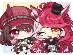  2girls :d ;d animal_ears asymmetrical_footwear asymmetrical_gloves black_boots black_coat black_gloves black_hat black_skirt boots brown_hair chibi chibi_only closed_mouth coat diamond-shaped_pupils diamond_(shape) ear_ornament ears_through_headwear full_body gloves hand_puppet hat heart heart_floating_above_hand heart_hands heart_hands_duo heart_in_eye highres horse_ears horse_girl horse_tail jacket long_hair long_sleeves loves_only_you_(9927_wishes)_(umamusume) loves_only_you_(umamusume) marche_lorraine_(racing)_(umamusume) marche_lorraine_(umamusume) mismatched_footwear mismatched_gloves multicolored_hair multiple_girls one_eye_closed open_mouth pleated_skirt puppet purple_hat pusipusi red_eyes shirt skirt smile symbol-shaped_pupils symbol_in_eye tail thigh_boots thigh_strap two-tone_hair two-tone_skirt umamusume very_long_hair violet_eyes white_boots white_gloves white_hair white_jacket white_shirt yellow_eyes 