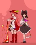  alternate_color alternate_hair_color ascot bloomers boots bow brown_eyes brown_hair detached_sleeves fire flaming_sword food fruit gohei hair_bow hair_tubes hakurei_reimu hands_on_hilt hat hinanawi_tenshi japanese_clothes long_hair mary_janes miko multiple_girls peach red_eyes red_hair shide shoes standing sword sword_of_hisou touhou weapon yokohachi 