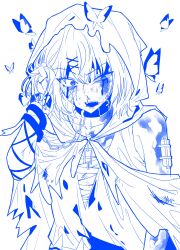  1girl absurdres bandaged_arm bandages bandaid bandaid_on_face bare_shoulders blood blood_on_face blue_theme bug butterfly chest_sarashi commentary_request crossed_bangs cuffs dress gauze_on_arm hair_between_eyes hair_ornament highres holding_own_hair hood korean_commentary mahou_shoujo_no_majo_saiban mirage_mnsb monochrome open_mouth sarashi shackles shito_alisa short_hair simple_background solo stitched_face stitches teeth torn_cloth upper_body upper_teeth_only x_hair_ornament 