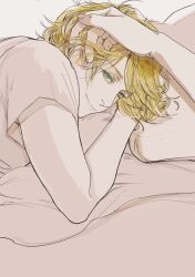  2boys ash_lynx banana_fish bed bishounen blonde_hair blue_eyes closed_mouth commentary_request hand_in_another's_hair highres lying male_focus medium_hair multiple_boys naaaaanaura okumura_eiji on_stomach out_of_frame parted_bangs pillow shirt short_sleeves smile solo_focus t-shirt 