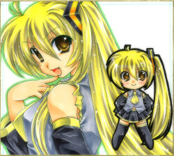  1girl 2000s_(style) akita_neru black_outline black_skirt black_sleeves black_thighhighs blonde_hair blush breasts chibi chibi_inset collared_shirt detached_sleeves fang green_outline grey_shirt imoko. looking_back medium_breasts necktie open_mouth outline ponytail shirt skirt sleeveless sleeveless_shirt smile thigh-highs upper_body vocaloid white_background yellow_eyes yellow_necktie 