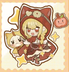  1girl :3 ahoge animal animal_ear_hood animal_ears apple arm_warmers artist_request asymmetrical_eyewear beads belt black_arm_warmers black_eyes black_socks blonde_hair boots border bow bowtie braid brown-framed_eyewear brown_belt brown_corset cat center_frills check_artist chibi chinese_commentary cloak closed_mouth clothed_animal commentary_request corset cross-laced_armwear cross-laced_clothes cross-laced_corset ear_covers eyelashes flower-shaped_eyewear food footwear_bow frilled_skirt frills fruit goggles goggles_on_headwear hair_between_eyes hair_bow hair_half_over_shoulder halftone halftone_background happy heart heart-shaped_eyewear highres hood hood_up hooded_cloak hoop_skirt infinity_nikki kneehighs light_blush long_hair long_sleeves low_twin_braids medium_skirt moleyitiaoyu momo_(nikki) nikki_(series) o-ring o-ring_belt open_mouth orange_border orange_bow orange_bowtie outline outstretched_arm puffy_long_sleeves puffy_sleeves red_boots red_bow red_cloak red_eyes red_skirt she_is_wildfire_(infinity_nikki) shirt skirt smile socks sparkle standing tinted_eyewear twin_braids two-tone_background v very_long_hair whiskers white_background white_cat white_outline white_shirt wolf_ears yellow-tinted_eyewear yellow_background yellow_bow yellow_cloak 