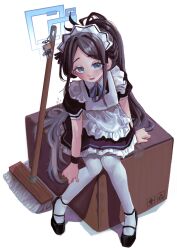  1girl absurdres apron aris_(blue_archive) black_hair black_shoes blue_archive blue_eyes blue_halo blush broom english_commentary frilled_apron frilled_skirt frills hair_intakes halo highres icedsolero_(pixiv44011048) leggings long_hair looking_at_viewer looking_up maid maid_apron maid_headdress making-of_available open_mouth ponytail shoes short_sleeves sitting skirt smile solo white_background white_leggings 