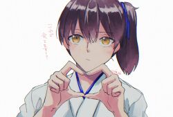  1girl brown_hair commentary_request heart heart_hands japanese_clothes kaga_(kancolle) kantai_collection short_hair side_ponytail simple_background solo twitter_username upper_body white_background yellow_eyes you_(yht_ak) 