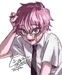  1girl alien_stage black_necktie bruise bruise_on_face collared_shirt commentary crying english_commentary glasses green_eyes hand_on_own_head highres injury jikasei mizi_(alien_stage) mizi_(zombie_stage) necktie open_mouth pink_hair shirt short_hair signature solo very_short_hair white_shirt zombie_stage 