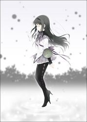  akemi_homura black_hair closed_eyes eyes_closed hairband long_hair mahou_shoujo_madoka_magica mizuki_makoto pantyhose school_uniform skirt solo 