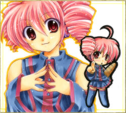  1girl 2000s_(style) :3 ahoge baguette black_outline blue_shirt blue_thighhighs blush bread chestnut_mouth chibi chibi_inset collared_shirt detached_sleeves drill_hair food headphones holding_bread imoko. index_finger_raised kasane_teto kasane_teto_(utau) outline pink_eyes pink_hair pink_nails pointing pointing_at_viewer shirt sleeveless sleeveless_shirt steepled_fingers thigh-highs twin_drills upper_body utau white_background yellow_outline 