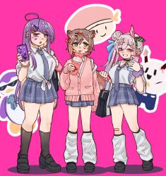  3girls absurdres airani_iofifteen animal_ears area_15 ayunda_risu bag bandaid bandaid_on_leg bird black_shoes black_socks brown_hair cellphone closed_mouth collared_shirt drink drinking_straw drinking_straw_in_mouth english_commentary full_body green_eyes heart heart_sticker highres holding holding_phone hololive hololive_indonesia icedsolero_(pixiv44011048) indonesian_high_school_uniform long_hair looking_at_viewer looking_to_the_side loose_socks miniskirt moona_hoshinova multiple_girls necktie open_mouth penguin phone pink_background pink_eyes pink_hair pink_scrunchie pleated_skirt purple_hair school_uniform scrunchie shirt shoes short_hair short_sleeves skirt smartphone smile socks squirrel_ears squirrel_girl squirrel_tail standing star_(symbol) star_sticker sticker sunglasses tail teeth violet_eyes white_shirt white_socks 