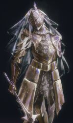  1girl armor black_background bridal_veil dark_souls_(series) dark_souls_i darkmoon_knightess facing_viewer feet_out_of_frame full_armor gauntlets gold_armor helm helmet highres holding holding_mace holding_weapon mace simple_background standing veil weapon yujia0412 