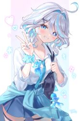  1girl absurdres alternate_costume bag black_bag blue_eyes blue_hair blue_nails blue_necktie blue_pupils blue_scrunchie blue_skirt blush character_charm charm_(object) clothes_around_waist collared_shirt commentary cowboy_shot fingernails furina_(genshin_impact) genshin_impact gentilhomme_usher grin hair_between_eyes hair_intakes hands_up heterochromia highres jacket jacket_around_waist looking_at_viewer mademoiselle_crabaletta multicolored_hair nail_polish necktie revision scrunchie shirt shoulder_bag skirt smile solo surintendante_chevalmarin tennensui_(midorinokaibutu4500) thigh_strap untranslatable_commentary v white_hair white_shirt 
