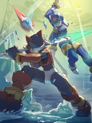  1boy 1girl armor battle blue_armor blue_eyes blue_helmet energy_sword fairy_leviathan_(mega_man) forehead_jewel helmet holding holding_polearm holding_weapon mega_man_(series) mega_man_zero_(series) omochi_(mochi_skymega) polearm red_armor red_helmet spear sword weapon z_saber zero(z)_(mega_man) zero_(mega_man) 