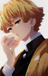  1boy absurdres agatsuma_zenitsu black_jacket blonde_hair commentary_request demon_slayer_uniform food fruit hand_up haori high_collar highres holding holding_food holding_fruit jacket japanese_clothes kimetsu_no_yaiba looking_at_viewer male_focus may_(illust_man_2020) parted_lips print_haori short_hair signature simple_background solo teeth white_background yellow_eyes yellow_haori 