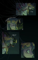  1girl 1other absurdres armlet arms_bound_apart black_background bound chaos_kin circlet closed_eyes english_commentary english_text green_eyes green_hair highres jewelry kid_icarus kid_icarus_uprising looking_at_another lunarjaguar palutena silk spider_web tearing_up 
