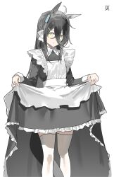  1girl absurdres ahoge alternate_costume animal_ears apron black_dress black_hair blush closed_mouth commentary dress english_commentary hair_between_eyes highres holding_own_dress horse_ears horse_girl horse_tail long_bangs long_hair long_hair_between_eyes long_sleeves looking_at_viewer maid maid_apron manhattan_cafe_(umamusume) multicolored_hair solo tail thigh-highs umamusume wazawai_(isotwen) white_hair white_thighhighs yellow_eyes 
