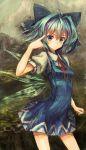  blue_eyes blue_hair bow cirno dress hair_bow highres lm7_(op-center) op-center pointing short_hair solo touhou wings 