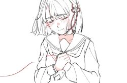  1girl blunt_bangs blunt_ends blush bob_cut broken_string closed_mouth collarbone commentary_request dress facing_viewer flower flower_knot hair_flower hair_ornament hasu_no_sora_school_uniform long_sleeves love_live! love_live!_hasu_no_sora_jogakuin_school_idol_club momose_ginko neckerchief pinky_out porari sad_smile sailor_collar sailor_dress school_uniform short_hair simple_background smile solo string string_of_fate tears upper_body virtual_youtuber white_background 