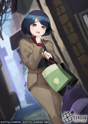  1girl bag belt black_hair blue_eyes blush_stickers bob_cut brown_belt brown_jacket brown_pants commentary_request copyright_logo copyright_name copyright_notice gundam gundam_card_game gundam_gquuuuuux holding holding_bag ishibashi_yosuke jacket jewelry logo official_art open_clothes open_jacket open_mouth outdoors pants ring shiiko_sugai shopping_bag short_hair sweater turtleneck turtleneck_sweater 