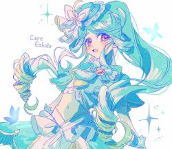  1girl :d aqua_capelet blue_hat blush boater_hat bug butterfly butterfly_hat_ornament capelet claline commentary_request cure_eclair hat hat_ornament howa_kurea impossible_hair long_hair looking_at_viewer magical_girl meitantei_precure! navel open_mouth orange_eyes precure smile solo very_long_hair 
