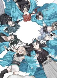  1girl 6+boys black_hair black_kimono blue_hair blue_haori closed_eyes drooling fate/grand_order fate_(series) forehead_protector grey_hair grey_hakama hakama haori harada_sanosuke_(fate) highres hijikata_toshizou_(fate) japanese_clothes kimono kondou_isami_(fate) lying mouth_drool multiple_boys nagakura_shinpachi_(fate) okita_souji_(fate) on_back on_stomach open_mouth ponytail red_hair saitou_hajime_(fate) scar scar_on_cheek scar_on_face scar_on_forehead shinsengumi_(fate) short_hair simple_background sleeping smile toudou_heisuke_(fate) w0n_alter_2 white_background yamanami_keisuke_(fate) 