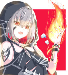  1girl arm_tattoo bandaged_arm bandages bandaid bandaid_on_face bare_shoulders black_choker black_dress black_hood black_tank_top border chest_sarashi choker colored_inner_hair commentary_request crossed_bangs cuffs dress fire gauze_on_arm grey_hair hair_between_eyes hair_ornament highres looking_at_viewer mahou_shoujo_no_majo_saiban metal_ball midori0 multicolored_hair nail_polish open_mouth pyrokinesis red_background red_eyes red_hair red_nails roasted_bottle_(mahou_shoujo_no_majo_saiban) sarashi shackles shito_alisa short_hair simple_background solo stitched_face stitches tank_top tattoo teeth torn_clothes upper_body white_border x_hair_ornament 
