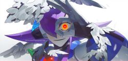  1boy absurdres android armor commentary evil_smile glowing glowing_eyes highres lumine_(mega_man) male_focus mega_man_(series) mega_man_x8 mega_man_x_(series) ok_sign ok_sign_over_eye portrait purple_hair red_eyes simple_background smile solo upper_body watermark wawadochi white_armor white_background 