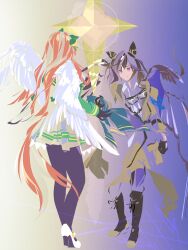  2girls animal_ears black_boots black_gloves black_pantyhose boots brown_eyes brown_hair coat commentary_request ear_covers echoo feathered_wings from_behind full_body gloves goggles goggles_around_neck high_heels highres horse_ears horse_girl horse_tail lace-up_boots long_hair long_sleeves looking_at_another multiple_girls orange_hair orange_tail pantyhose shirt shoes silence_suzuka_(innocent_silence)_(umamusume) silence_suzuka_(umamusume) stay_gold_(sunlit_outsider)_(umamusume) stay_gold_(umamusume) tail umamusume white_hair white_shirt white_shoes wings yellow_coat 