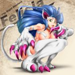  animal_ears bad_id big_hair blue_eyes blue_hair breasts capcom cat_ears cat_tail character_name choker claws darkstalkers felicia fur green_eyes hairband highres large_breasts licking long_hair maaru paws saliva smile solo squatting tail thighhighs tongue vampire_(game) 