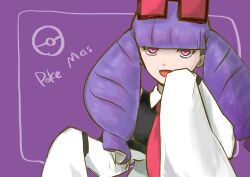  1girl commentary_request drill_hair funedayoiko highres looking_at_viewer necktie pink_eyes pokemon pokemon_masters_ex purple_background purple_hair purple_theme rachel_(pokemon) red-tinted_eyewear red_necktie sleeves_past_fingers sleeves_past_wrists smile solo tinted_eyewear twin_drills upper_body 
