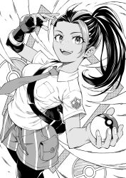  1girl absurdres ayumuhotaka black_hair dark-skinned_female dark_skin fingerless_gloves freckles gloves highres holding holding_poke_ball long_hair looking_at_viewer multicolored_hair naranja_academy_school_uniform necktie nemona_(pokemon) poke_ball poke_ball_(basic) pokemon pokemon_scarlet_and_violet school_uniform shirt short_sleeves shorts single_glove solo streaked_hair striped_clothes striped_shorts vertical-striped_clothes vertical-striped_shorts 