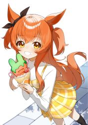  1girl animal_ears belt black_socks blush commentary_request crepe dress ear_ribbon fang food hair_between_eyes highres holding holding_crepe holding_food horse_ears horse_girl horse_tail jewelry long_hair long_sleeves mayano_top_gun_(casual)_(umamusume) mayano_top_gun_(umamusume) open_mouth orange_eyes orange_hair plaid_clothes plaid_dress reirou_(chokoonnpu) shirt skirt smile socks solo tail two_side_up umamusume vest white_shirt yellow_skirt yellow_vest 