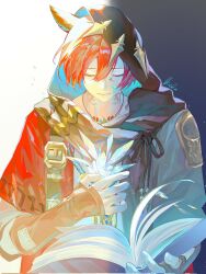  1boy animal_ear_fluff animal_ears arm_up belt belt_buckle black_belt black_hood blue_hood book buckle cape cat_boy cat_ears chi_953612 closed_eyes commentary crystal double-parted_bangs english_commentary facial_mark final_fantasy final_fantasy_xiv fingerless_gloves g'raha_tia gloves highres holding holding_book holding_crystal hood hood_up hooded_cape jewelry male_focus miqo'te neck_tattoo necklace open_clothes open_shirt parted_lips red_hair red_shirt shirt short_sleeves smile solo tattoo two-sided_fabric two-sided_hood upper_body white_shirt 