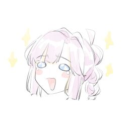  1girl :d anyoji_hime blue_eyes blunt_sidelocks blush_stickers commentary head_only love_live! love_live!_hasu_no_sora_jogakuin_school_idol_club multi-tied_hair open_mouth pink_hair porari sidelocks smile solo tearing_up twintails virtual_youtuber 