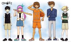 1girl 4boys adult antenna_hair arm_up arms_at_sides aubrey_(faraway)_(omori) aubrey_(omori) ball baseball_bat basil_(faraway)_(omori) basil_(omori) basketball_(object) black_eyes black_hair black_shoes black_socks black_sweater_vest blonde_hair blue_eyes blue_hairband blue_shoes blue_skirt blue_sweater blush book bright_pupils brothers brown_hair brown_shorts closed_mouth collarbone collared_shirt commentary copyright_name crop_top crossed_arms dark-skinned_male dark_skin denim denim_skirt double-parted_bangs expressionless flower green_sweater_vest grey_pants grin hair_behind_ear hair_between_eyes hair_flower hair_ornament hairband hand_on_own_head hero_(faraway)_(omori) hero_(omori) holding holding_ball holding_baseball_bat holding_book invisible_floor jacket kel_(faraway)_(omori) kel_(omori) leg_hair long_hair looking_at_viewer multiple_boys nail_(hardware) nail_bat navel official_art older_man omocat omori open_clothes open_jacket open_mouth orange_shoes orange_shorts otoko_no_ko pants parted_lips pink_hair shirt shoes short-sleeved_jacket short_hair short_sleeves shorts siblings sidelocks skirt smile sneakers socks standing sunny_(omori) sweater sweater_vest teeth tomboy untranslatable_commentary white_jacket white_pupils white_shirt white_socks young young_adult
