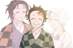  1girl 2boys :d ^_^ artist_name black_hair blue_kimono brown_hair checkered_clothes checkered_haori closed_eyes commentary_request curtained_hair earrings facing_another facing_viewer father_and_child father_and_son green_haori hand_on_another's_shoulder haori headscarf highres husband_and_wife japanese_clothes jewelry kamado_kie kamado_tanjirou kamado_tanjurou kimetsu_no_yaiba kimono kotaa mother_and_child mother_and_son multiple_boys open_mouth parent_and_child parted_bangs red_haori scar scar_on_face scar_on_forehead see-through_body short_hair simple_background smile tears teeth upper_body white_background white_headscarf 
