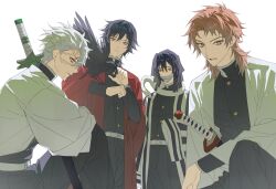  4boys bird black_jacket black_pants buttons closed_mouth covered_mouth crow demon_slayer_uniform doulwer haori high_collar highres iguro_obanai jacket japanese_clothes katana kimetsu_no_yaiba looking_at_viewer male_focus multiple_boys pants parted_lips profile red_haori sabito_(kimetsu) shinazugawa_sanemi simple_background snake standing striped_haori sword teeth tomioka_giyuu violet_eyes weapon white_background white_haori 